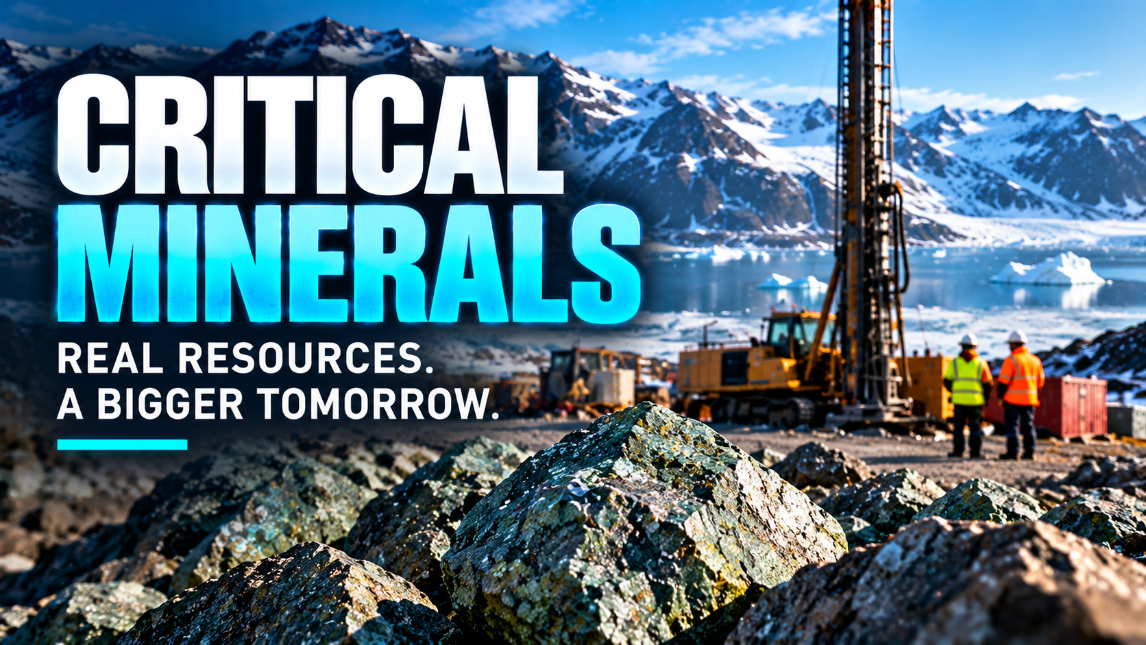 Critical minerals exploration in Greenland with drilling equipment and mineral-rich rock