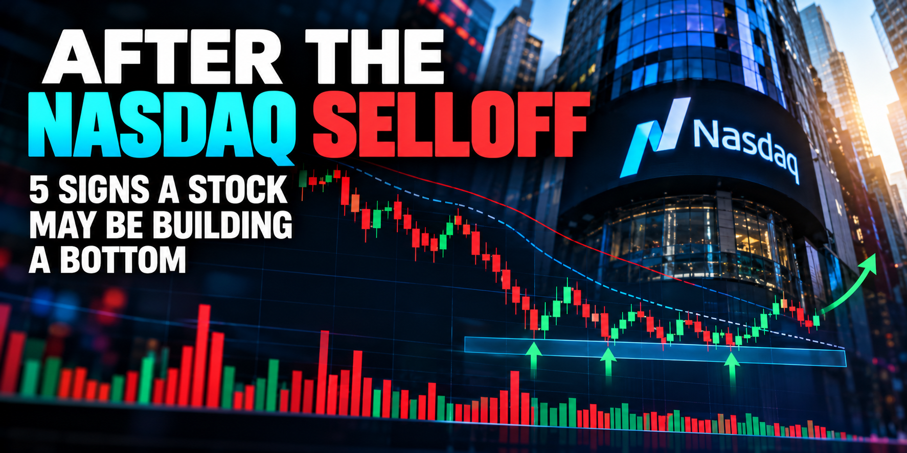 Nasdaq selloff graphic illustrating five technical signs that a stock may be building a bottom.