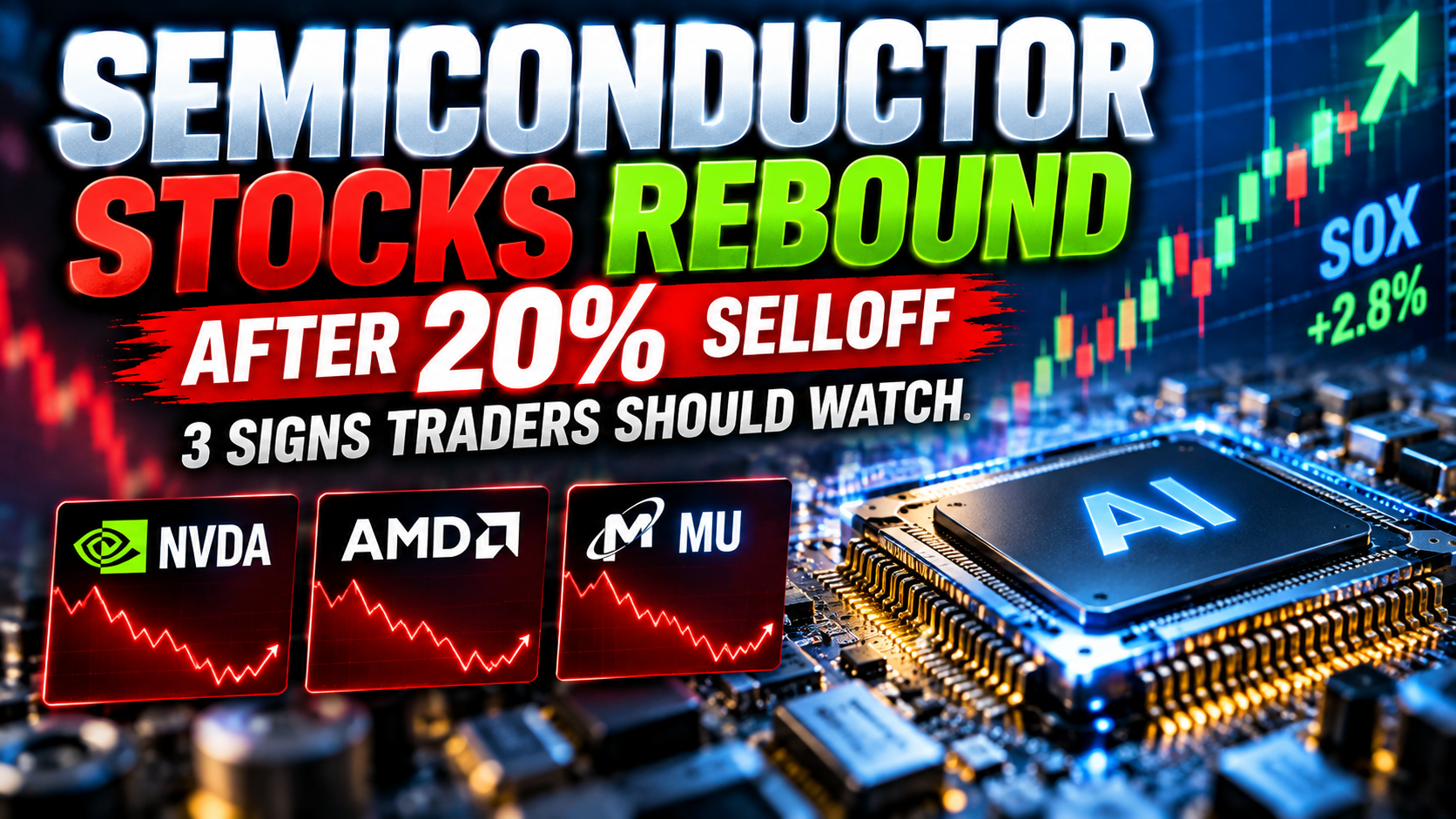Semiconductor stocks rebound illustrated by a rising chart, AI chips, and NVDA, AMD and MU ticker symbols