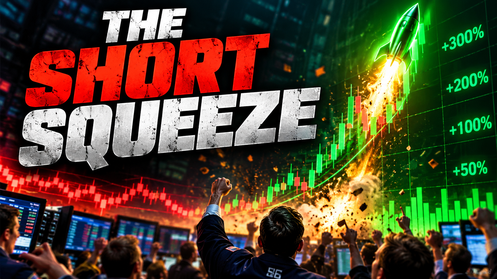Short squeeze stocks illustration showing a soaring stock market chart, green rocket, rising trading volume and dramatic price increases.